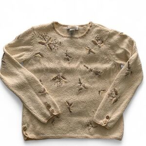 Talbots Cream Sweater with Embroidered Accents and Side Button Detail Size Small